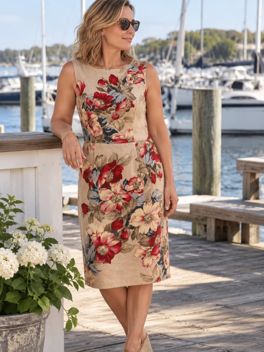 Vintage Mica Linen Floral Dress Womens 8 Midi Sleeveless Sundress